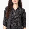 Beechers Brook Patterned Roll Up Sleeve Half Zip Blouse - Black