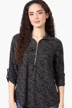 Beechers Brook Patterned Roll Up Sleeve Half Zip Blouse - Black