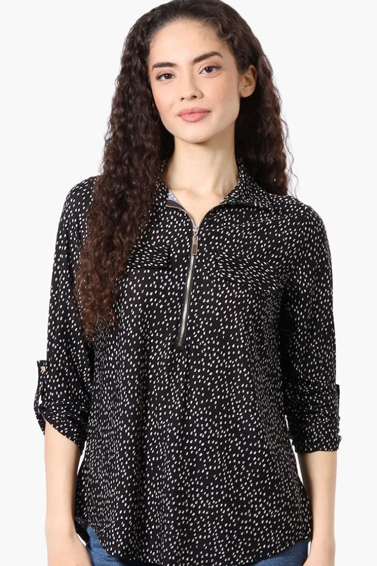 Beechers Brook Patterned Roll Up Sleeve Half Zip Blouse - Black