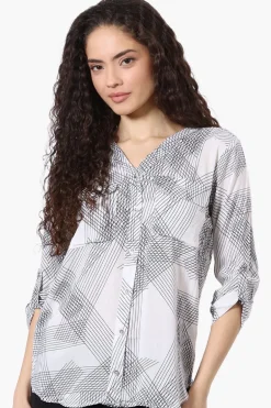 Beechers Brook Patterned Roll Up Sleeve Blouse - White