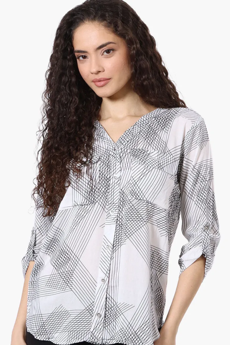 Beechers Brook Patterned Roll Up Sleeve Blouse - White