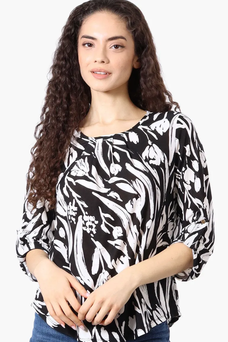 Beechers Brook Patterned Roll Up Sleeve Blouse - Black
