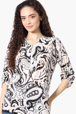 Beechers Brook Patterned Roll Up Sleeve Half Zip Blouse - Beige