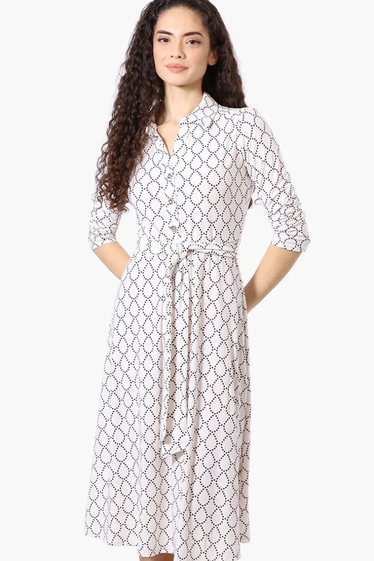 Beechers Brook Patterned Button Up Belted Midi Dress - White