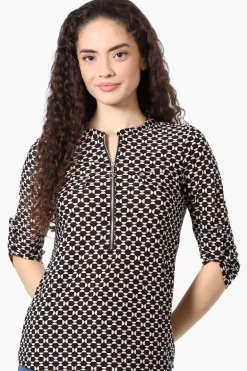 Beechers Brook Patterned Roll Up Sleeve Half Zip Shirt - Black