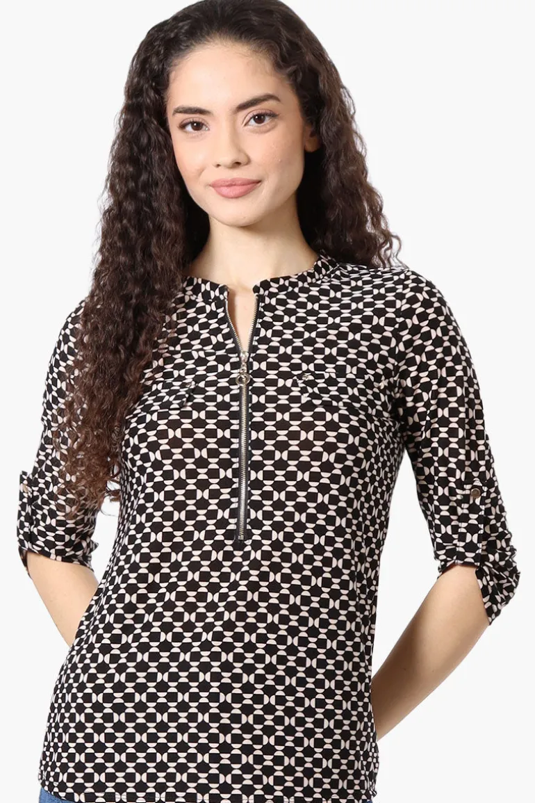 Beechers Brook Patterned Roll Up Sleeve Half Zip Shirt - Black