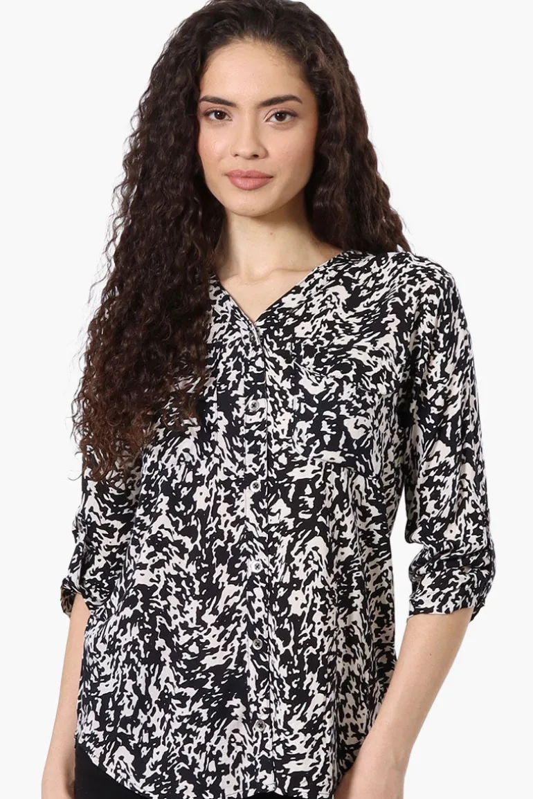 Beechers Brook Patterned Roll Up Sleeve Blouse - White