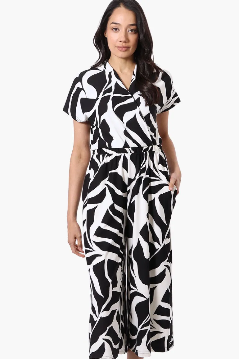 Beechers Brook Patterned Short Sleeve Crossover Jumpsuit - Black