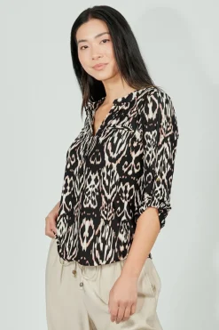Beechers Brook Patterned Roll Up Sleeve Henley Blouse - Black