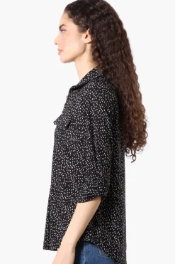 Beechers Brook Patterned Roll Up Sleeve Half Zip Blouse - Black