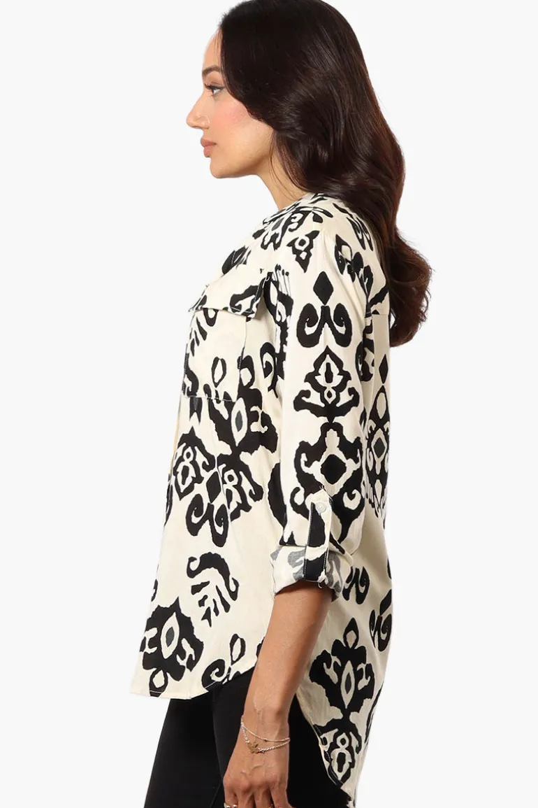 Beechers Brook Patterned Roll Up Sleeve Blouse - Cream