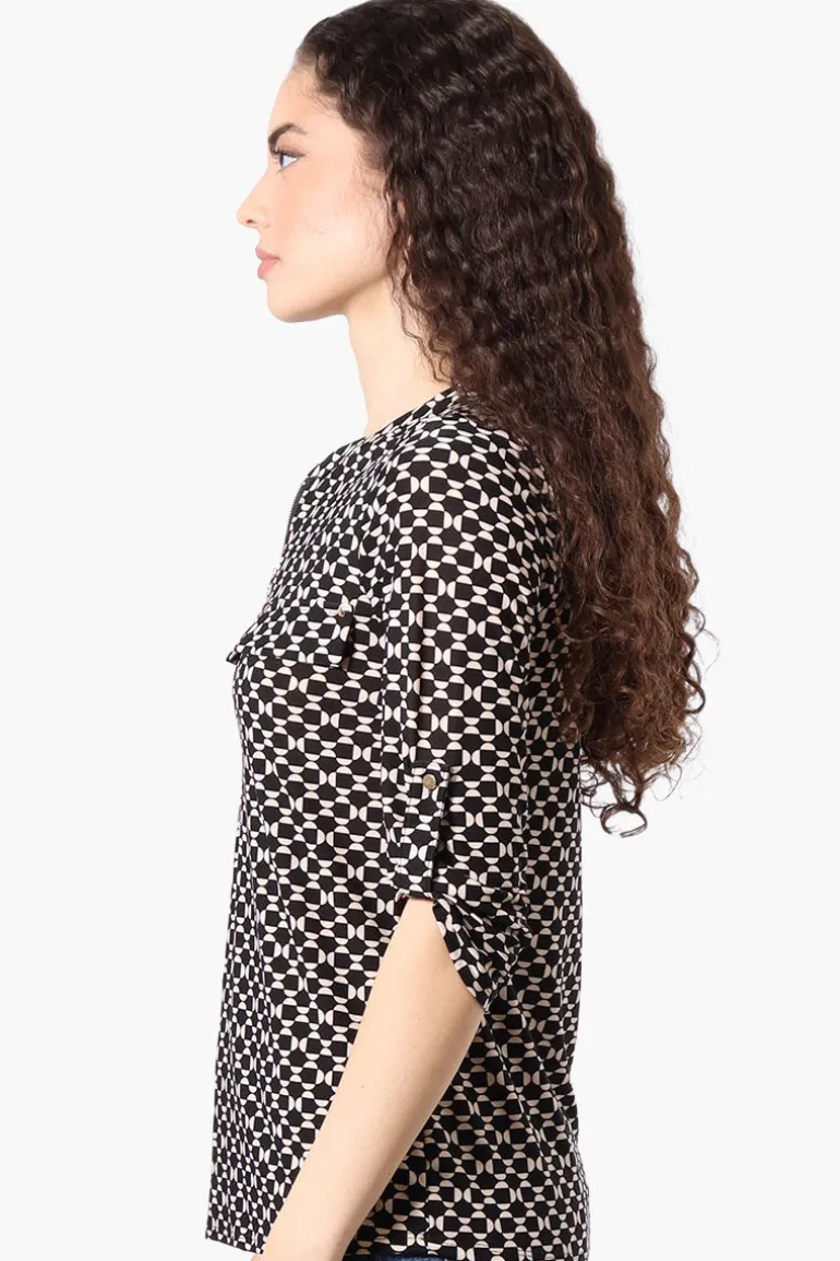 Beechers Brook Patterned Roll Up Sleeve Half Zip Shirt - Black