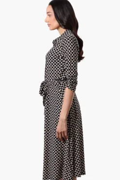 Beechers Brook Patterned Belted 3/4 Sleeve Midi Dress - Black
