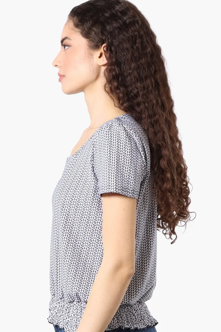 Beechers Brook Patterned Square Neck Smocked Tee - White