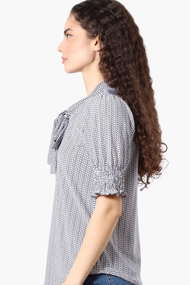 Beechers Brook Patterned Tie Neck Smocked Sleeve Blouse - White
