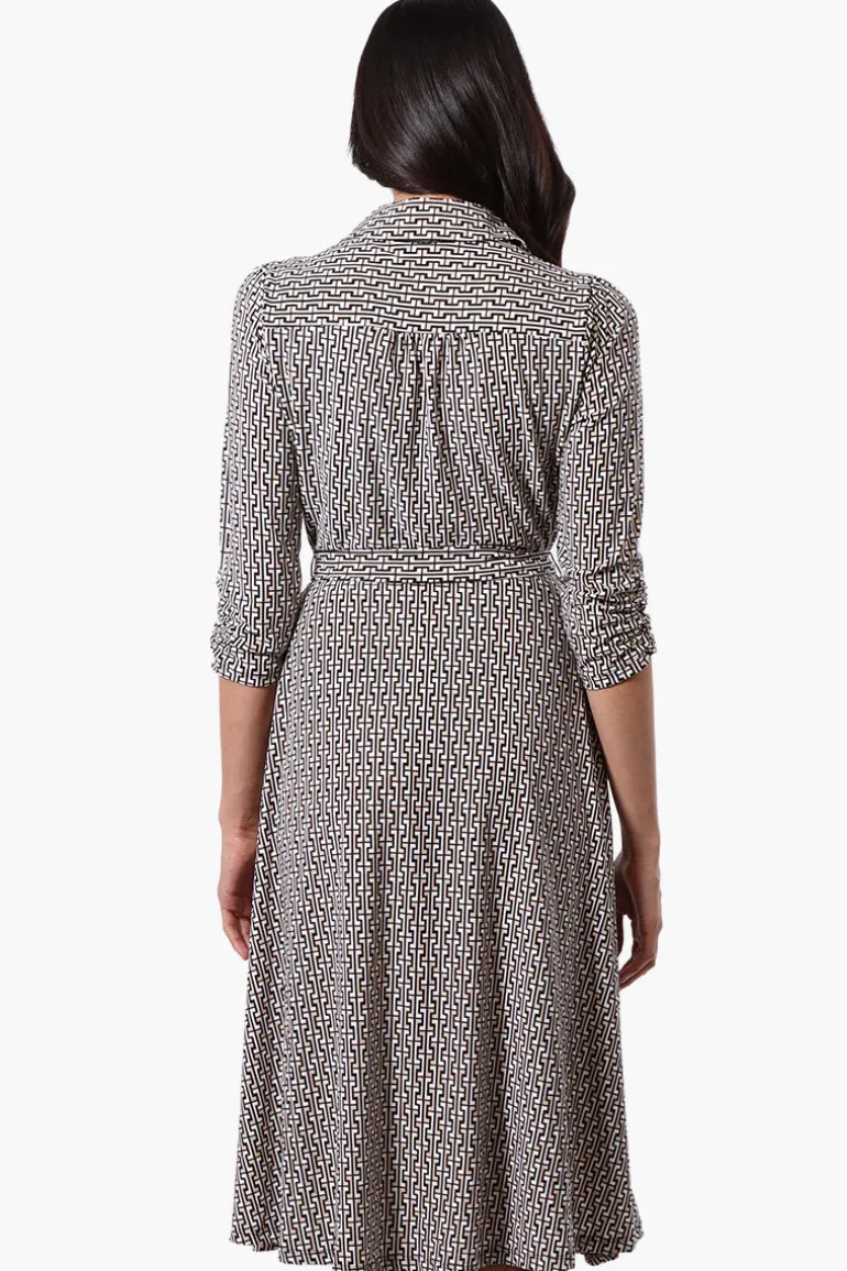 Beechers Brook Patterned Belted 3/4 Sleeve Midi Dress - Black