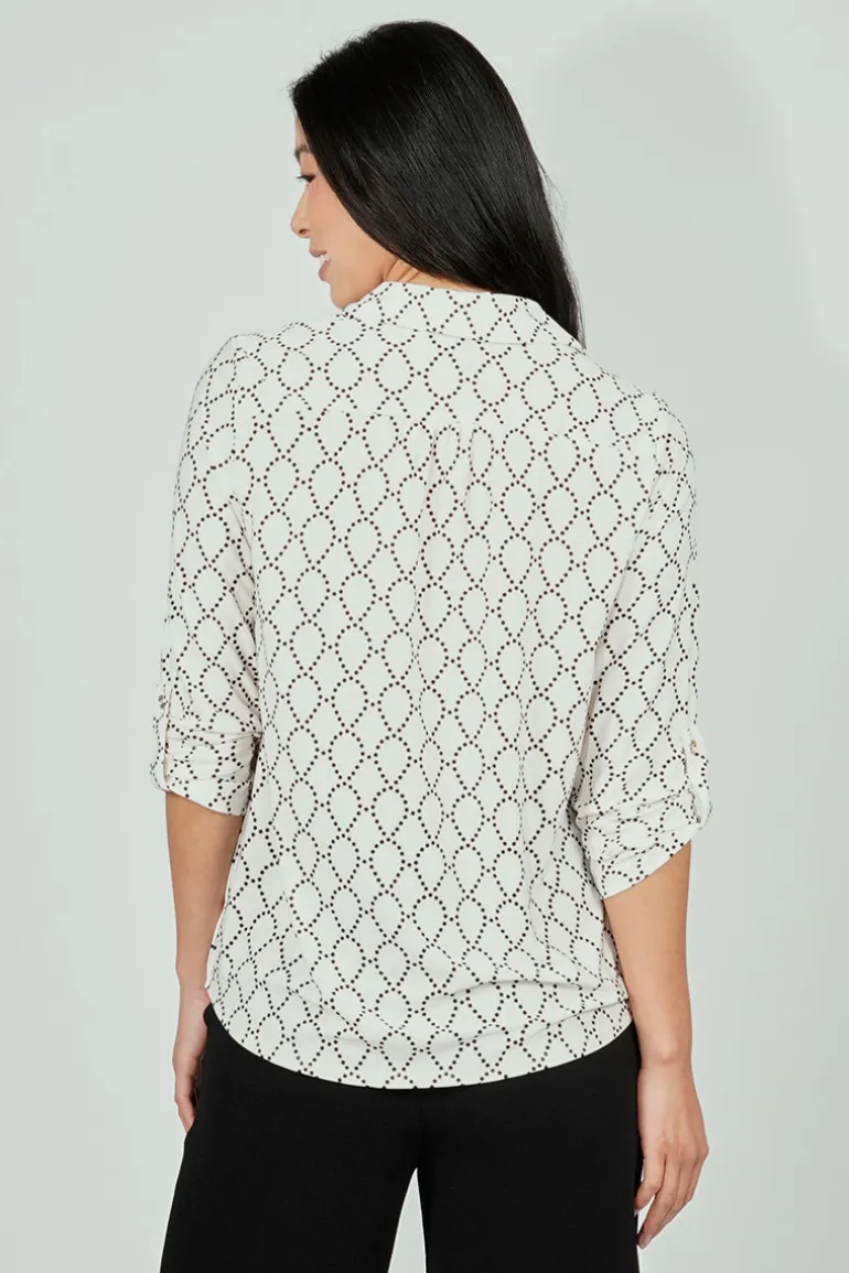 Beechers Brook Patterned Button Down Roll Up Sleeve Blouse - White