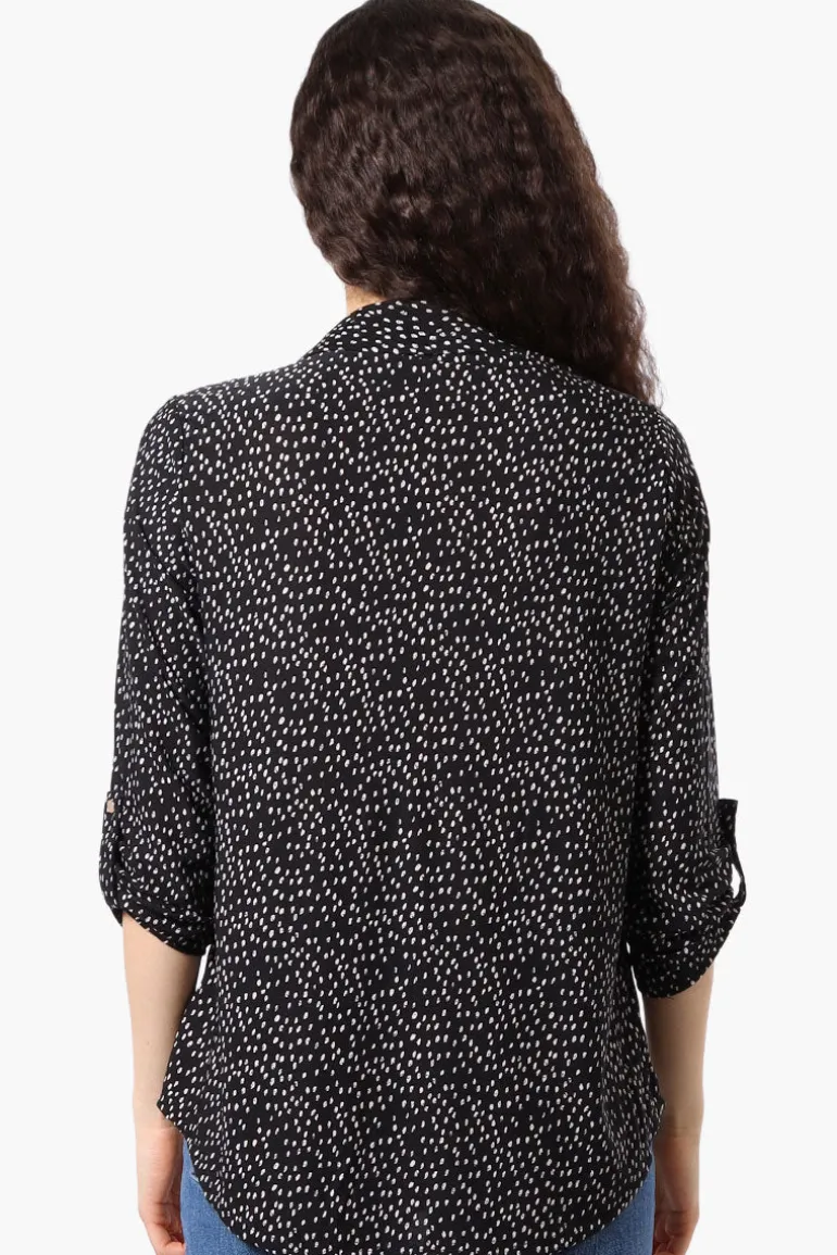 Beechers Brook Patterned Roll Up Sleeve Half Zip Blouse - Black