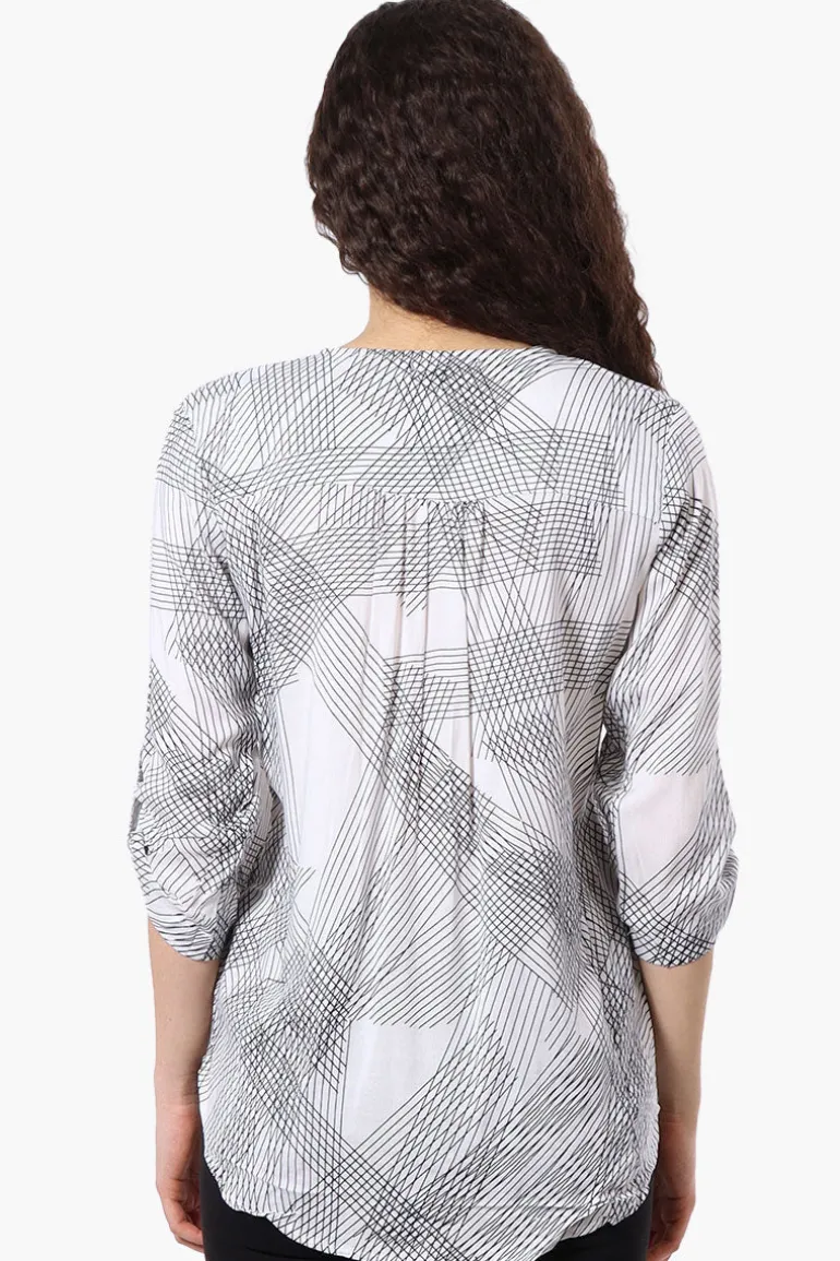 Beechers Brook Patterned Roll Up Sleeve Blouse - White