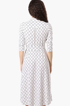 Beechers Brook Patterned Button Up Belted Midi Dress - White