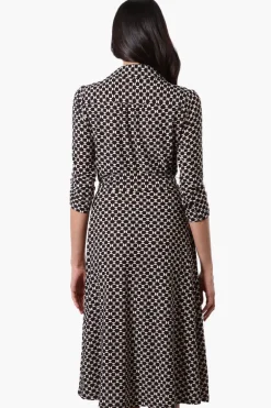 Beechers Brook Patterned Belted 3/4 Sleeve Midi Dress - Black