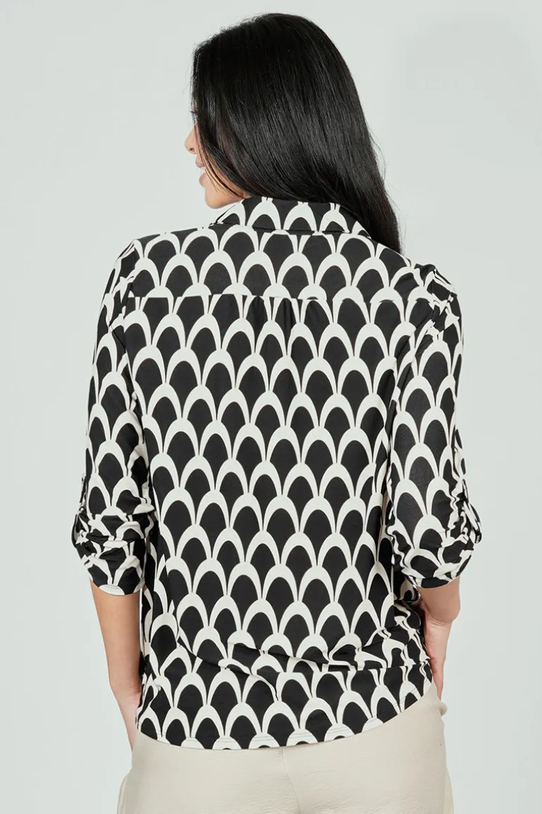 Beechers Brook Patterned Button Down Roll Up Sleeve Blouse - Black