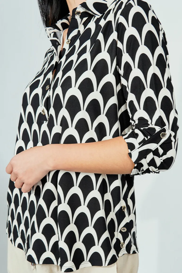 Beechers Brook Patterned Button Down Roll Up Sleeve Blouse - Black