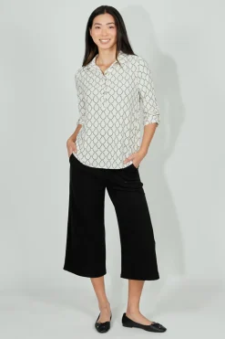 Beechers Brook Patterned Button Down Roll Up Sleeve Blouse - White