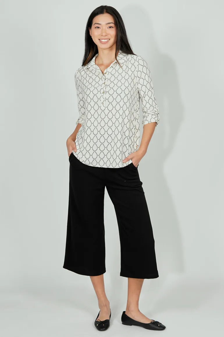 Beechers Brook Patterned Button Down Roll Up Sleeve Blouse - White