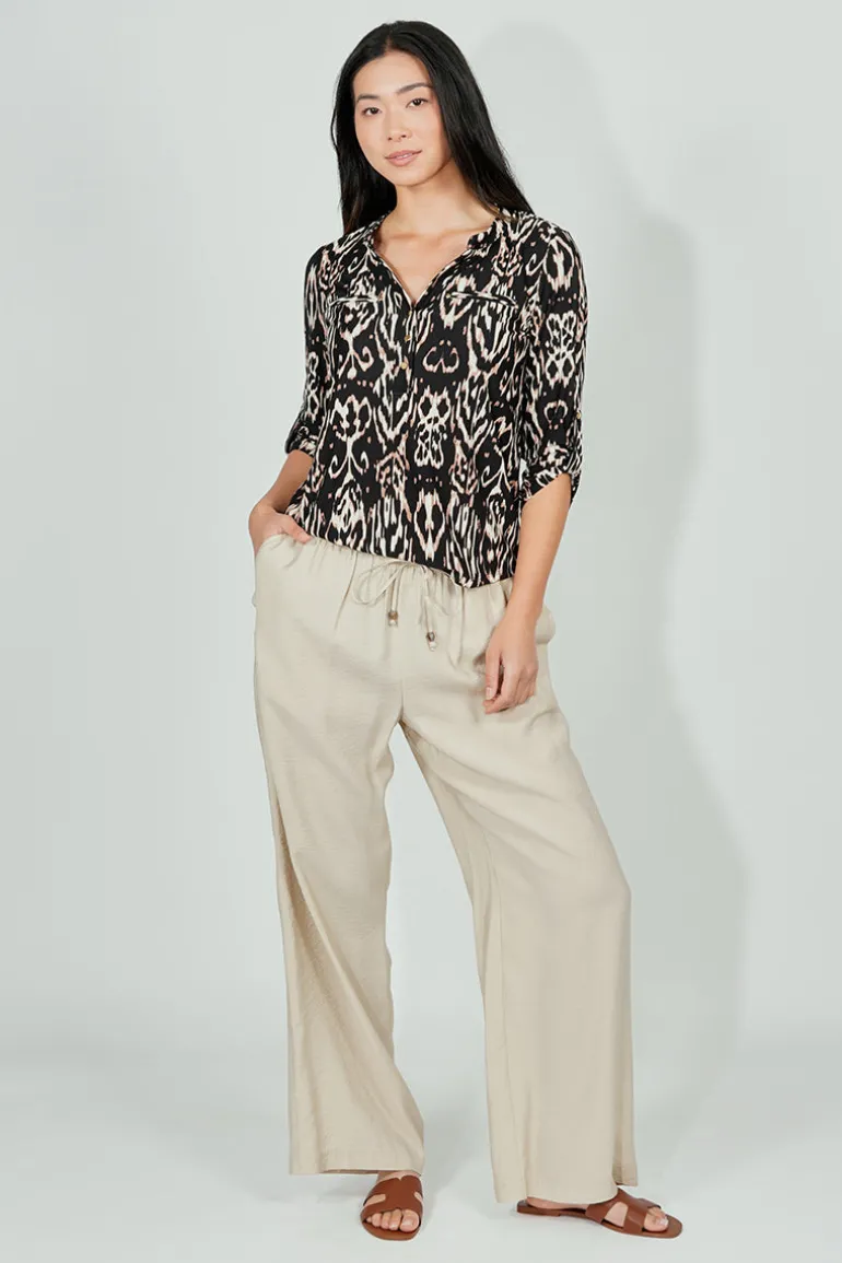 Beechers Brook Patterned Roll Up Sleeve Henley Blouse - Black