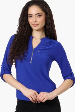 Beechers Brook Solid 1/4 Zip Roll Up Sleeve Shirt - Blue