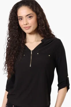 Beechers Brook Solid 1/4 Zip Roll Up Sleeve Shirt - Black