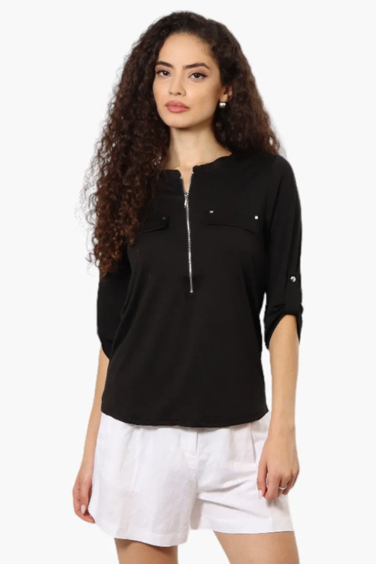 Beechers Brook Solid Half Zip Roll Up Sleeve Shirt - Black