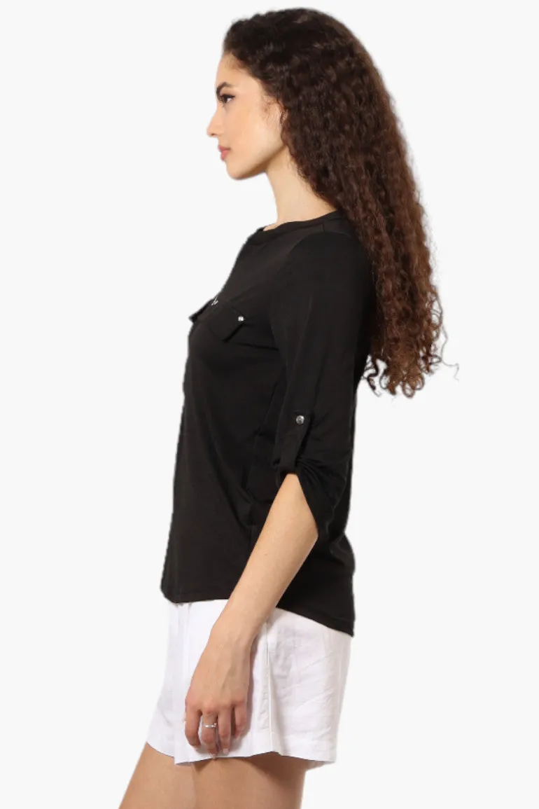 Beechers Brook Solid Half Zip Roll Up Sleeve Shirt - Black