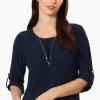 Beechers Brook Solid Roll Up Sleeve Necklace Blouse - Navy