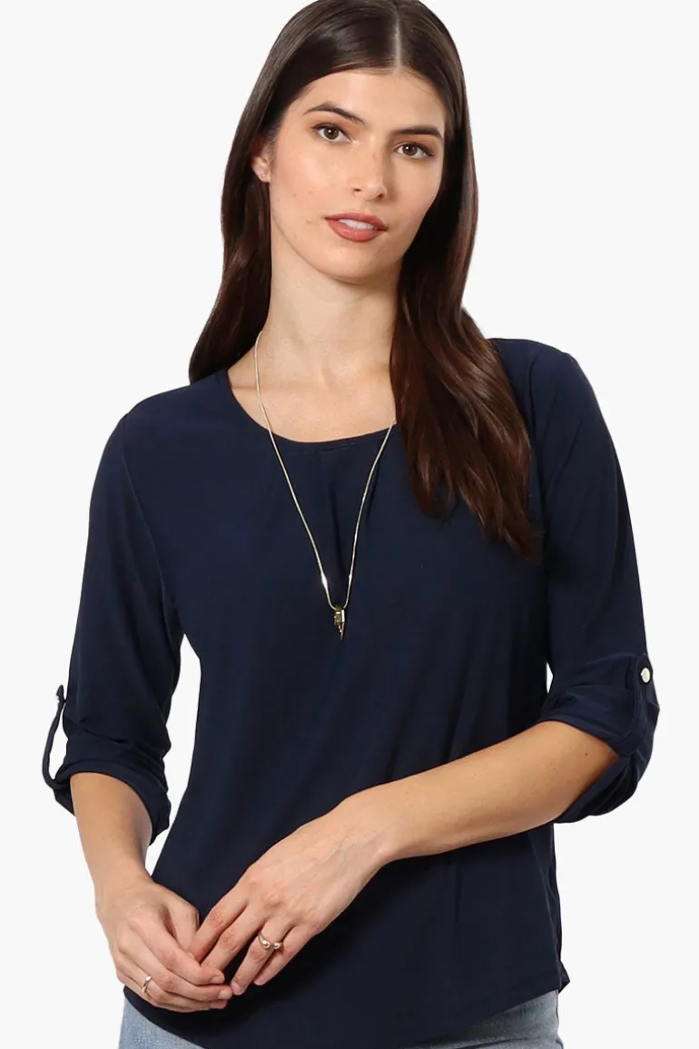 Beechers Brook Solid Roll Up Sleeve Necklace Blouse - Navy