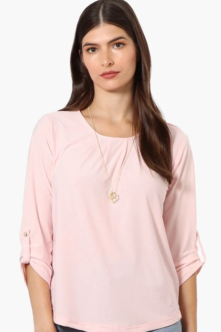 Beechers Brook Solid Roll Up Sleeve Necklace Blouse - Blush