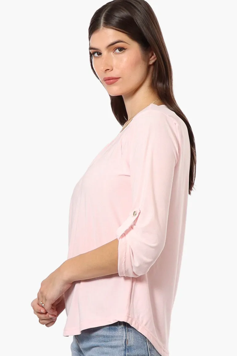 Beechers Brook Solid Roll Up Sleeve Necklace Blouse - Blush