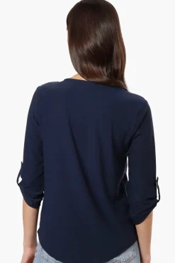 Beechers Brook Solid Roll Up Sleeve Necklace Blouse - Navy
