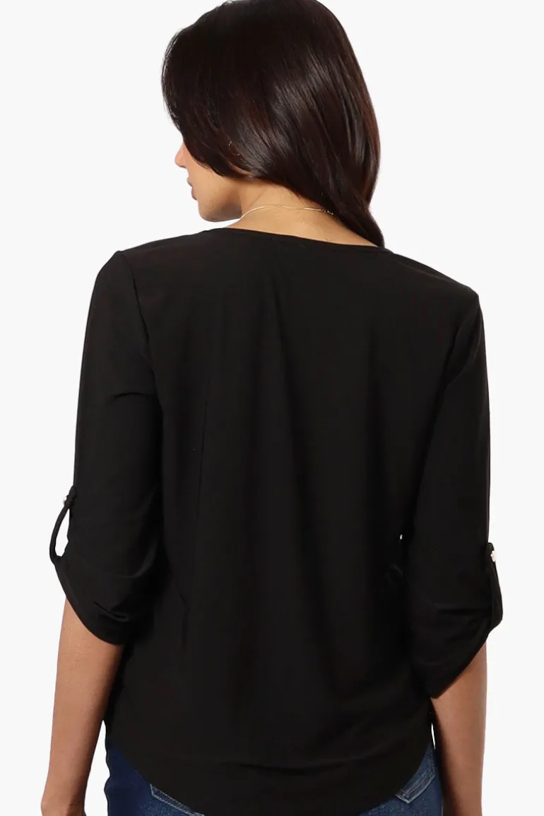 Beechers Brook Solid Roll Up Sleeve Necklace Blouse - Black