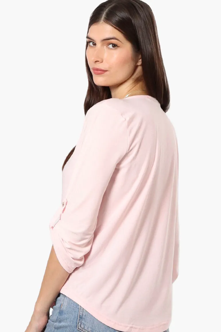 Beechers Brook Solid Roll Up Sleeve Necklace Blouse - Blush