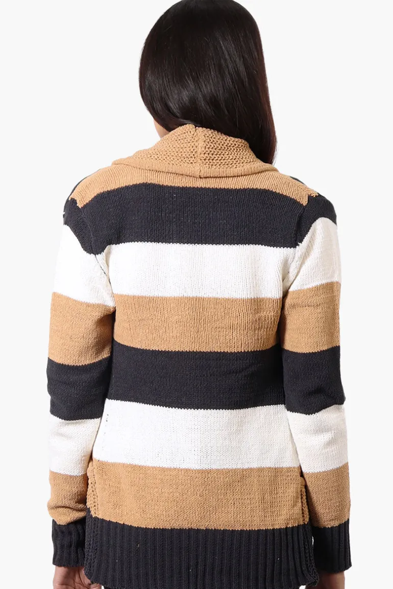 Beechers Brook Striped Fold Over Wrap Cardigan - Beige