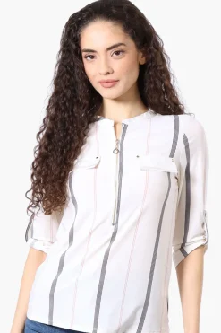 Beechers Brook Striped Roll Up Sleeve Half Zip Shirt - White