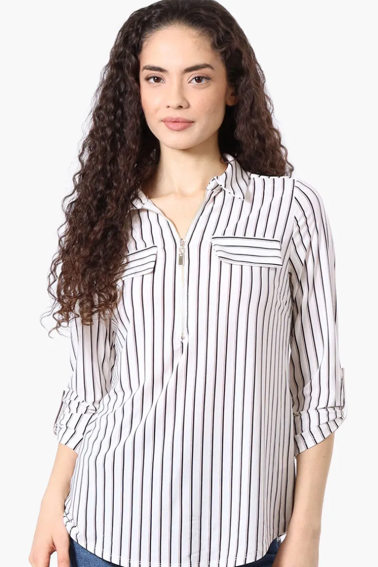Beechers Brook Striped Roll Up Sleeve Half Zip Blouse - White
