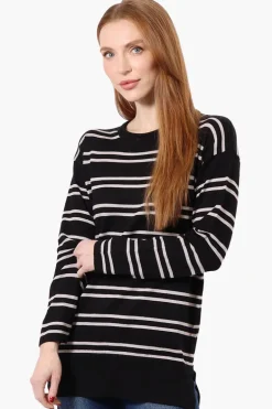 Beechers Brook Striped Round Neck Pullover Sweater - Black