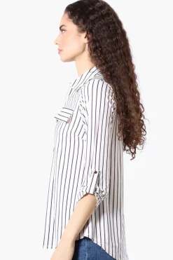 Beechers Brook Striped Roll Up Sleeve Half Zip Blouse - White