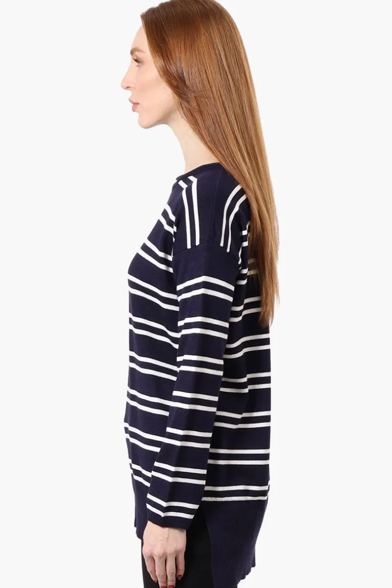 Beechers Brook Striped Round Neck Pullover Sweater - Navy