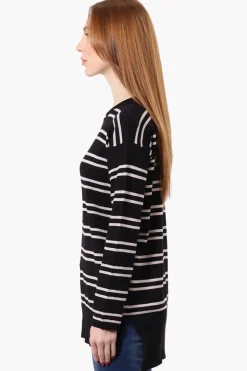 Beechers Brook Striped Round Neck Pullover Sweater - Black