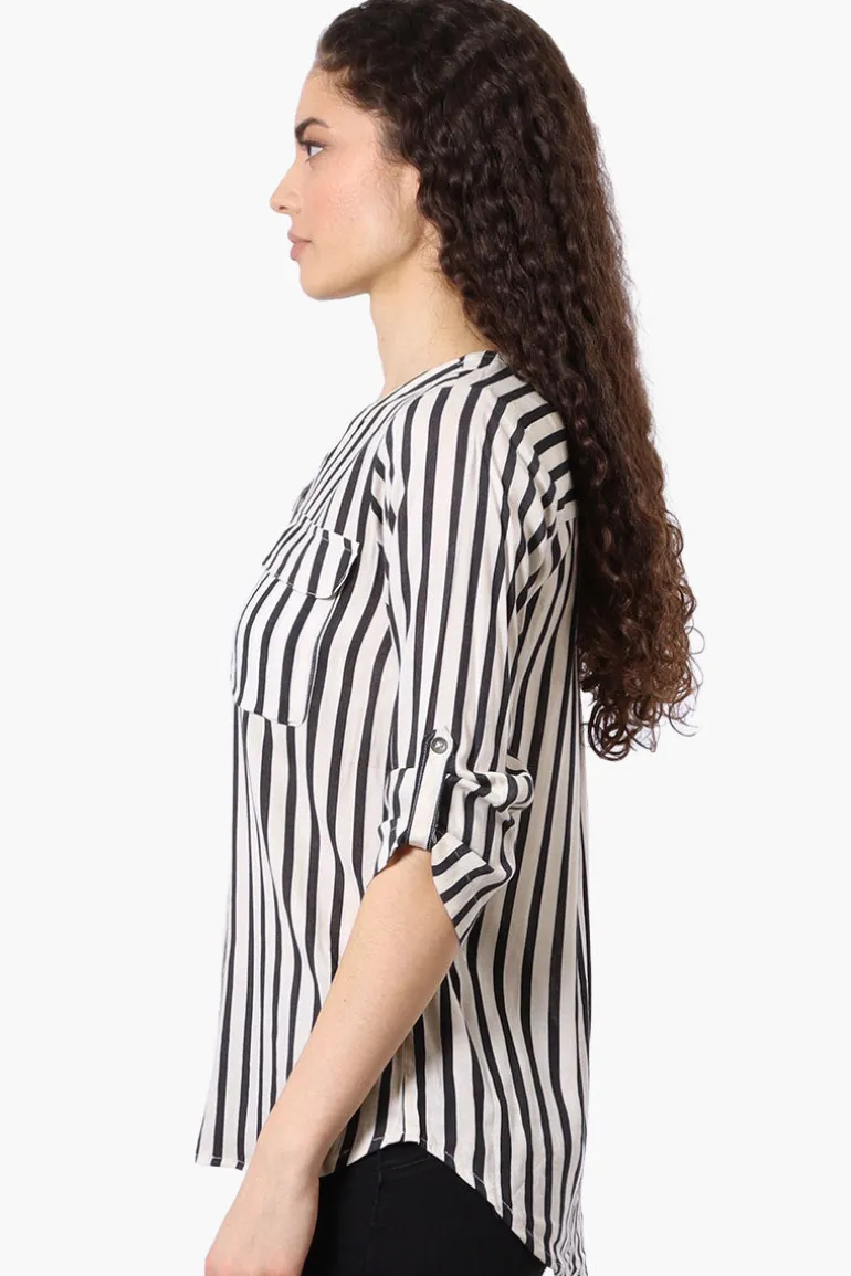 Beechers Brook Striped Roll Up Sleeve Blouse - White