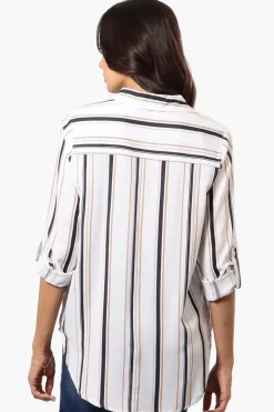 Beechers Brook Striped Roll Up Sleeve Blouse - White